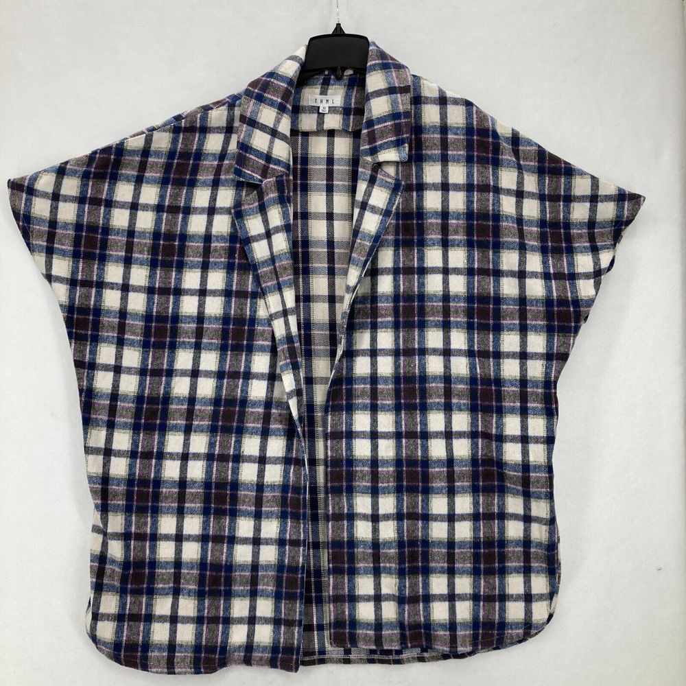 Anthropologie THML Cardigan Sweater Women's XS Blue Plaid Short Sleeve Cozy Soft